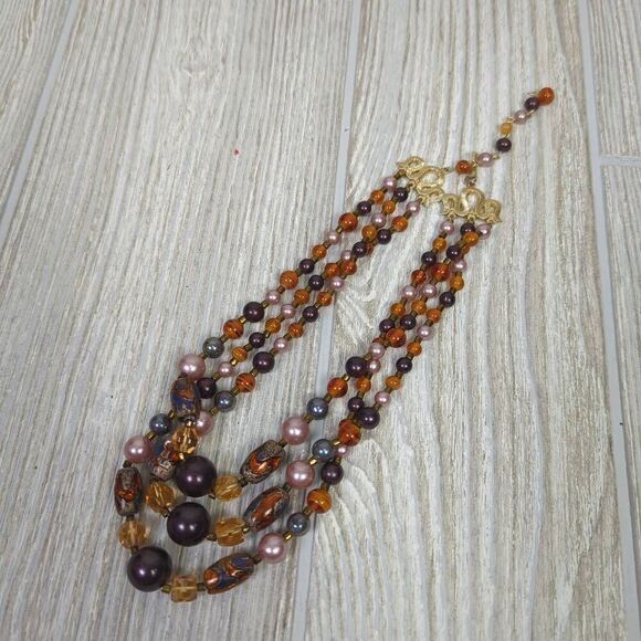 Vintage Multi Strand Glass Beaded Tiered Necklace 10” Long Drop Grannycore - Picture 5 of 7